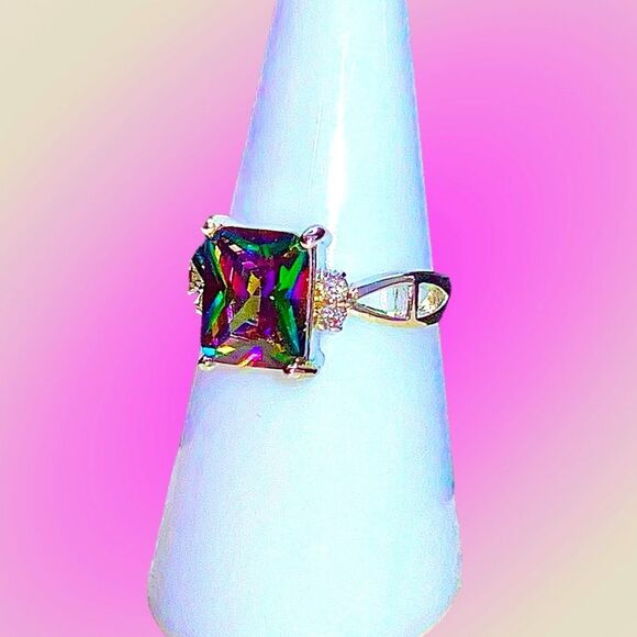 New Exclusively Fancy Mystic Rainbow .925 Sterling Silver Cushion Cut Ring w CZ - Picture 6 of 7